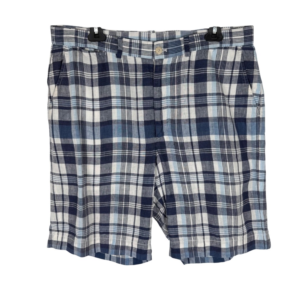 Polo Golf Ralph Lauren Plaid 100% Linen Shorts Mens 36W Blue White Flat Front 9"